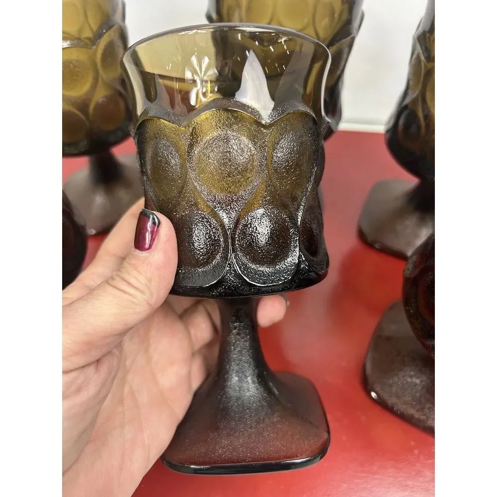 Vintage Amber Glass Tumblers‎ Set of 6 Textured Diamond Cut Base Hobnail MCM